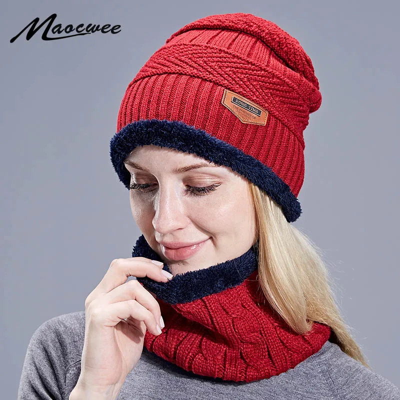 Unisex 2 Pieces Set Winter Hat And Scarf For Women Men Knitted Skullies Beanies Caps Female Casual Plus Velvet Thick Warm Hats