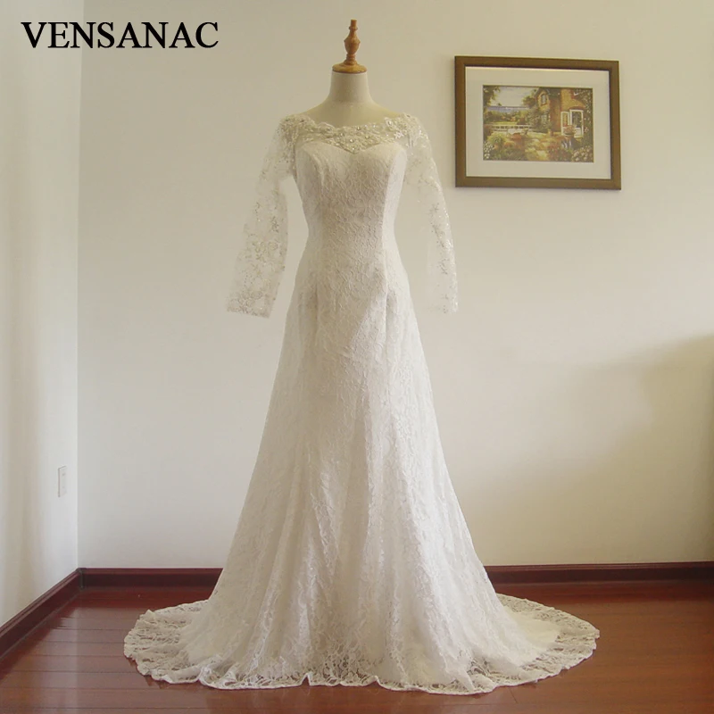 

VENSANAC New Mermaid Sequined Boat Neck Full Sleeve Court Train White Satin Bridal Wedding Dress Wedding Gown 30517