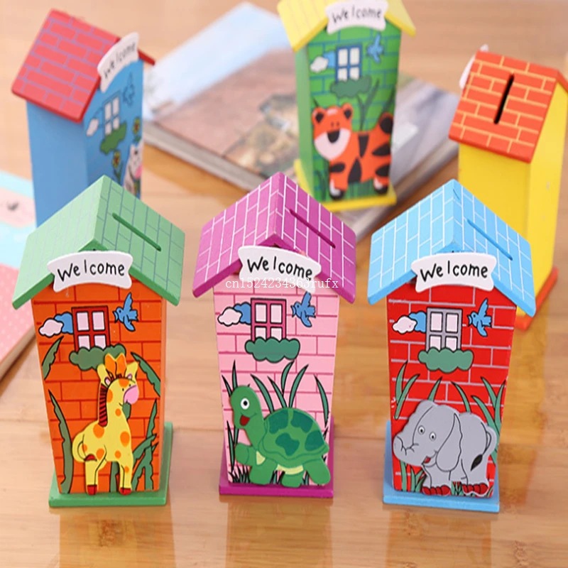 100pcs Small House Piggy Bank Money Boxes Wooden Cartoon Coin Cent Penny Children Toy Party Gift Home Decor Wholesale