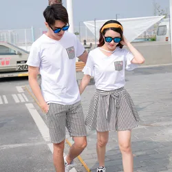 Couple Outfits  White T - Shirt + Stripes Shorts/Skirts Mother Dad Son Daughter Clothes Sets  Family Matching Outfits