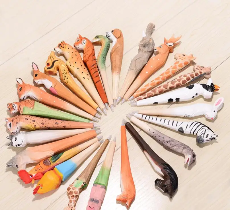 100pcs Animal Wooden carving creative ballpoint pen wood Ball point pens handmade sculpture student ball-point for gift SN372