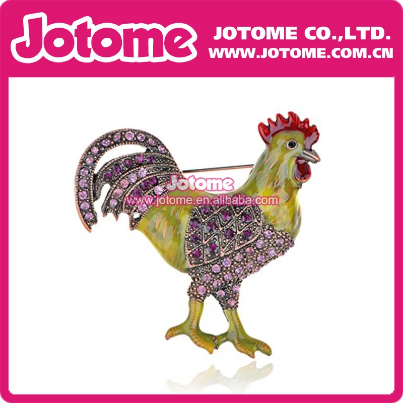 Copper Tone Purple Rhinestones Yellow Green Chicken Rooster Brooch Pin