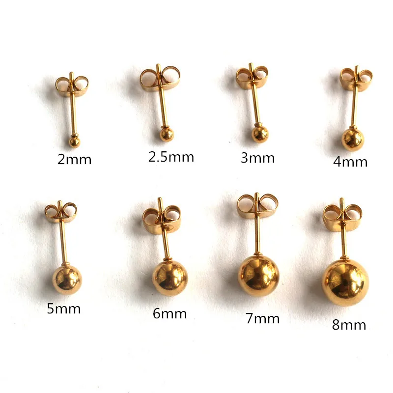 Titanium Gold-color Plating Stainless Steel Small Ball Push-back Stud Earrings For Men Women 2mm to 8mm