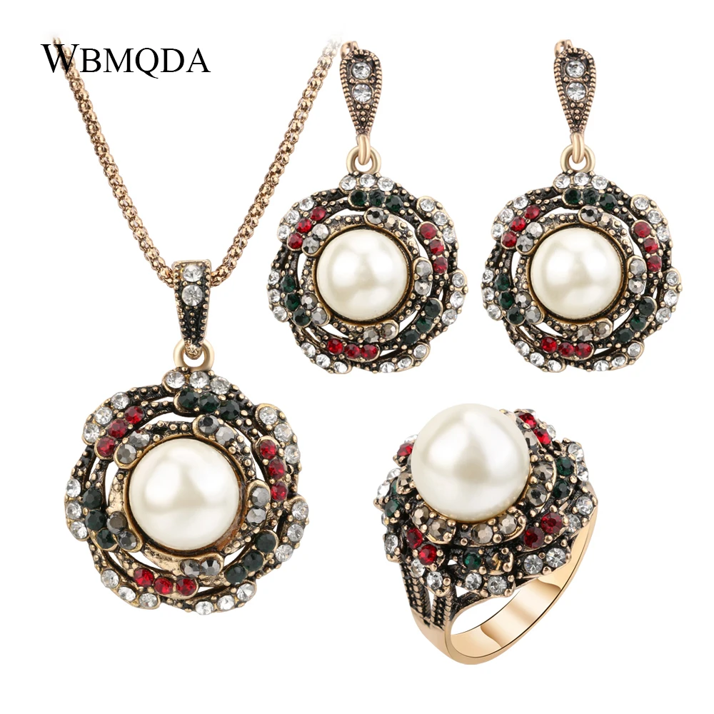 3Pcs/lot Vintage Pearl Flower Bohemian Jewelry Sets Luxury Fashion Antique Gold Crystal Wedding Ring Necklace Earrings For Women