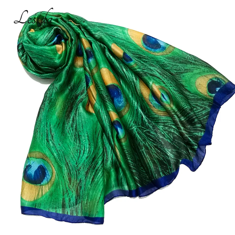 LESIDA Luxury Brand Women Green Silk Shawl Peacock Feather Print Scarves Big Size Echarpes Femme Cachecol Foulards 180*90CM 3004