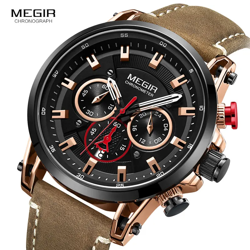 Megir Men\'s Chronograph Quartz Watches Leather Strap Clock Sportz Army Wristwatch for Man Relogios Masculino 2085 Rose Black