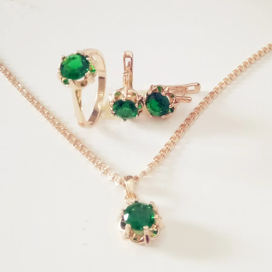 Top Fashion Jewelry Set 585 Rose Gold Color Jewelry Trendy Round Green Cubic Zircon Women Necklace Earrings Wedding Jewelry Sets