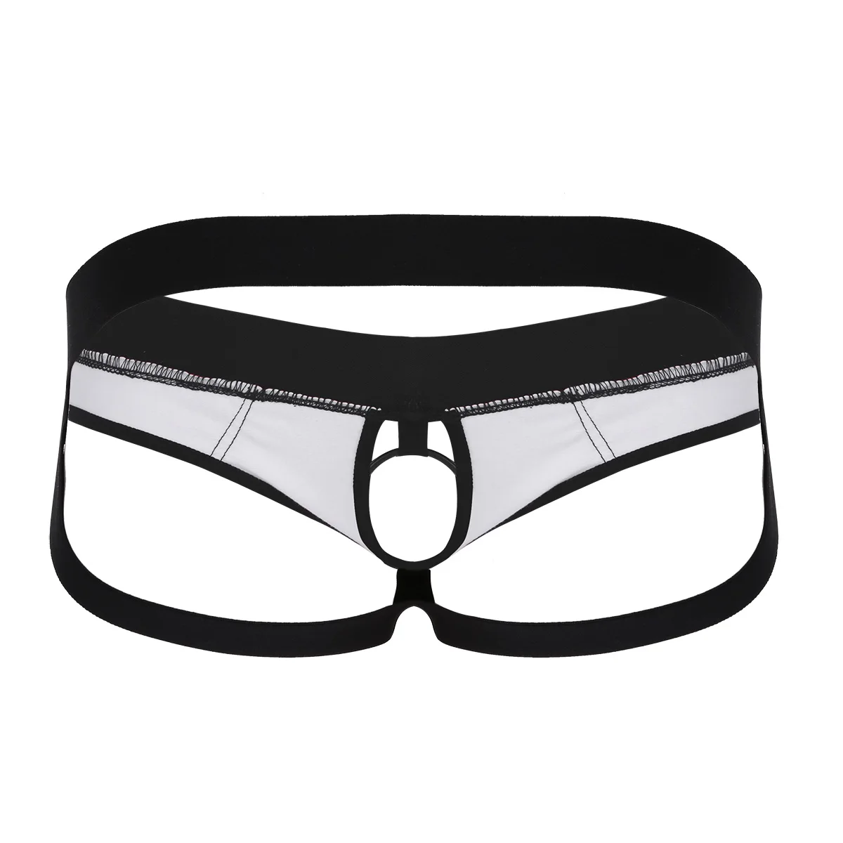 Sexy Male Mens Lingerie Faux Leather Open Back and Hollow Out Jockstrap Low Rise Bikini G-string Underwear with Metal O-Ring