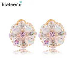 LUOTEEMI Luxury Trendy Ice Cut Rainbow Cubic Zircon Flower Stud Earrings for Women Romantic Wedding Bridal Accessories Girl Gift