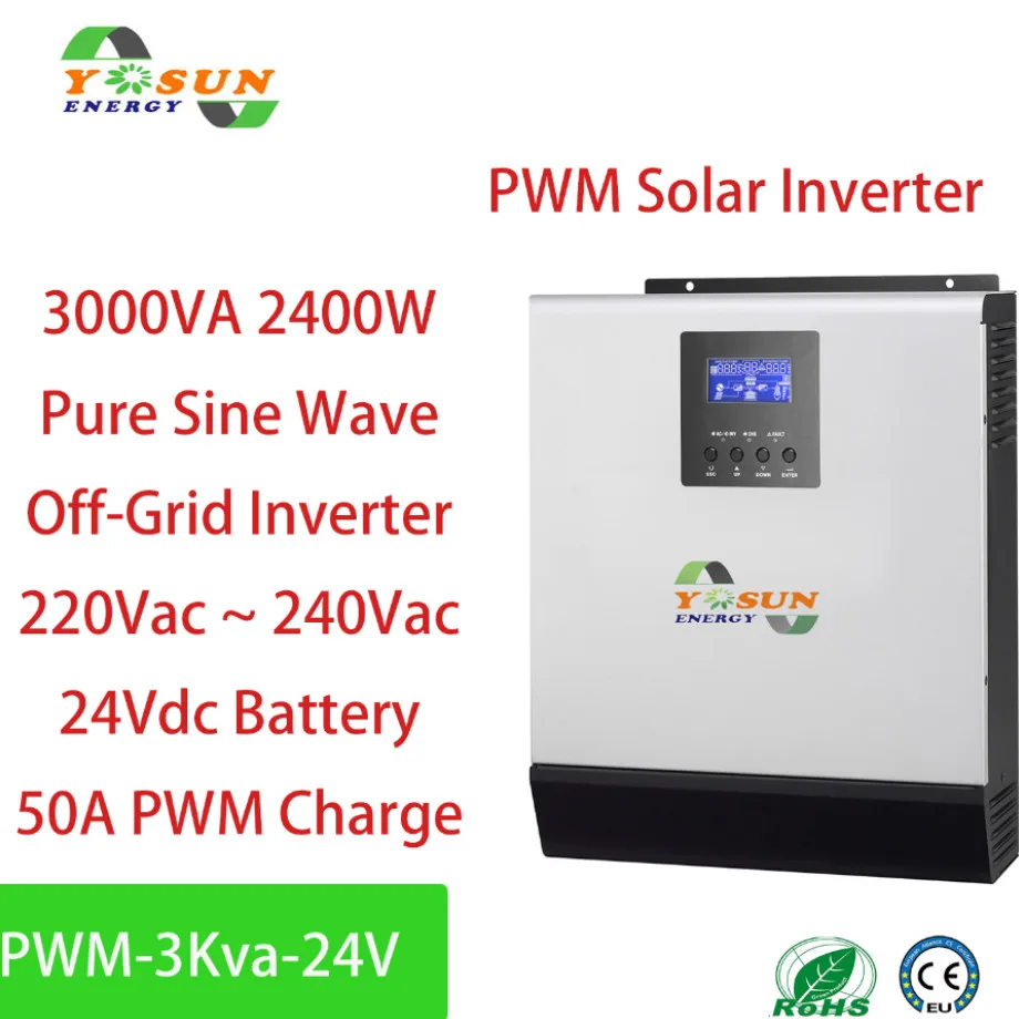 2400W Solar Inverter 220V~240Vac 50A PWM 3Kva Pure Sine Wave Inverter 50Hz/60Hz Off Grid Inverter 24V Battery Charger