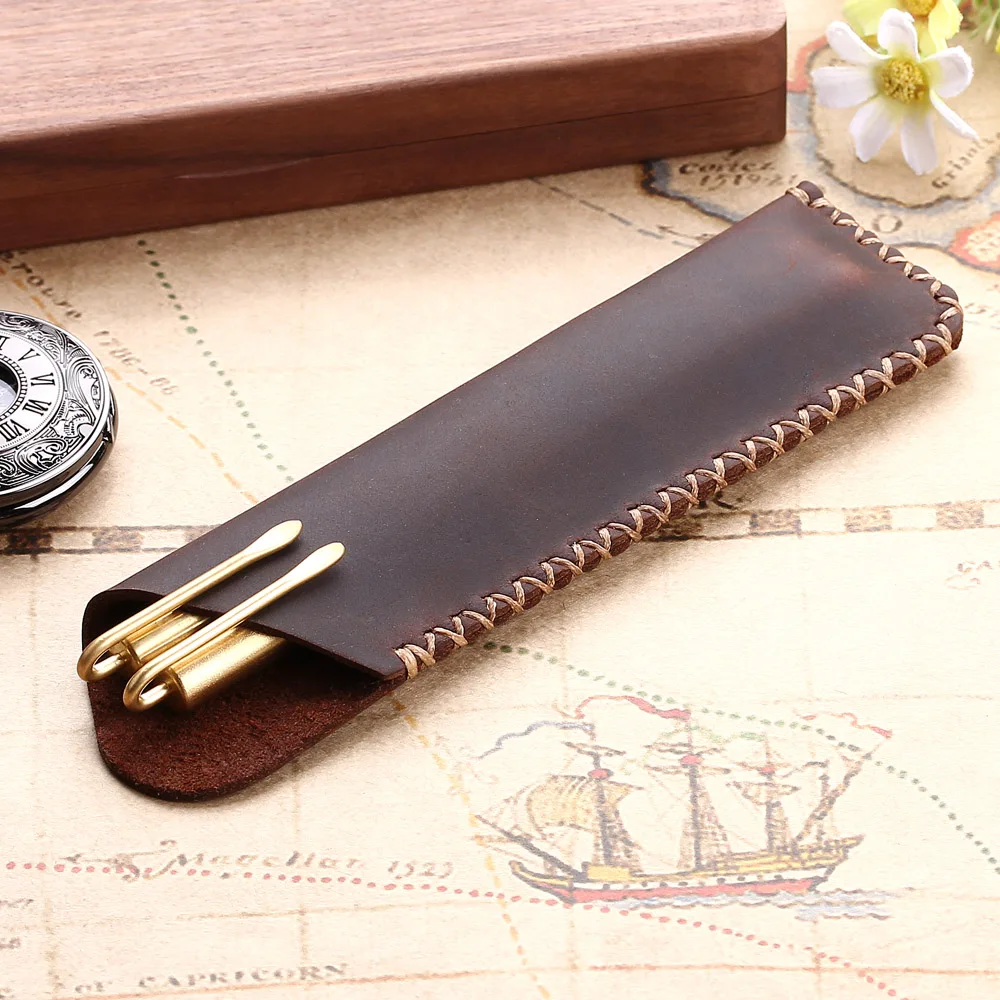 Genuine Leather Pencil Pouch Holder Double Pen Bag Sleeve For Fountain/Ballpoint Pen