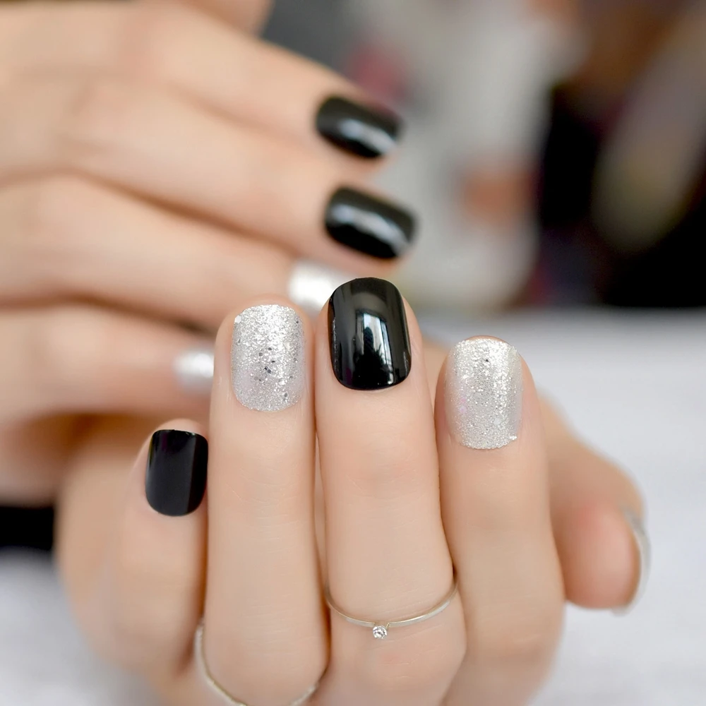 Sparkly Silver Glitter False Nails Short Classic Black Press On Fake Nails Full Cover Acrylic Bling Wear Nail Art Accessories image 6