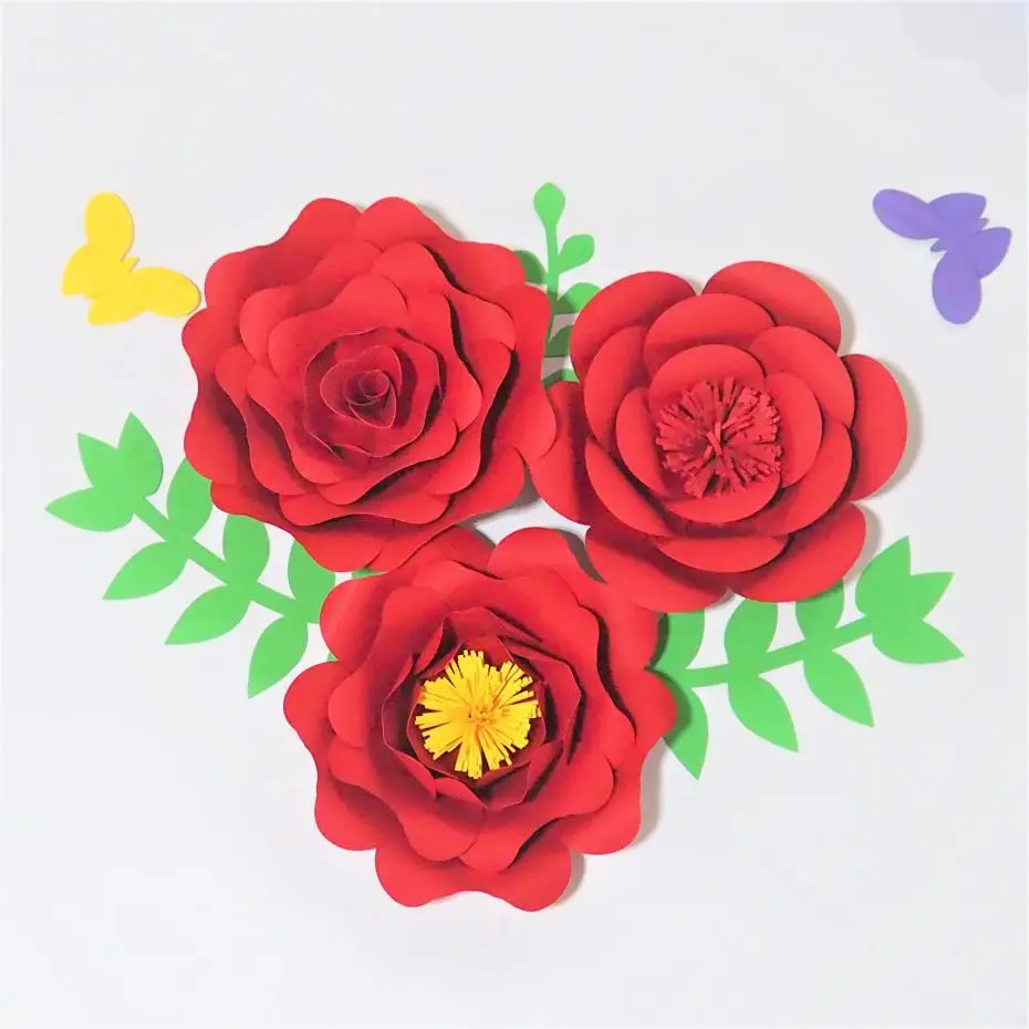 

2018 Set of 3 Giant Paper Flowers+3 Leaves + 2 Butterfly For Showcase Wedding Backdrops Props flores artificiais para decora o