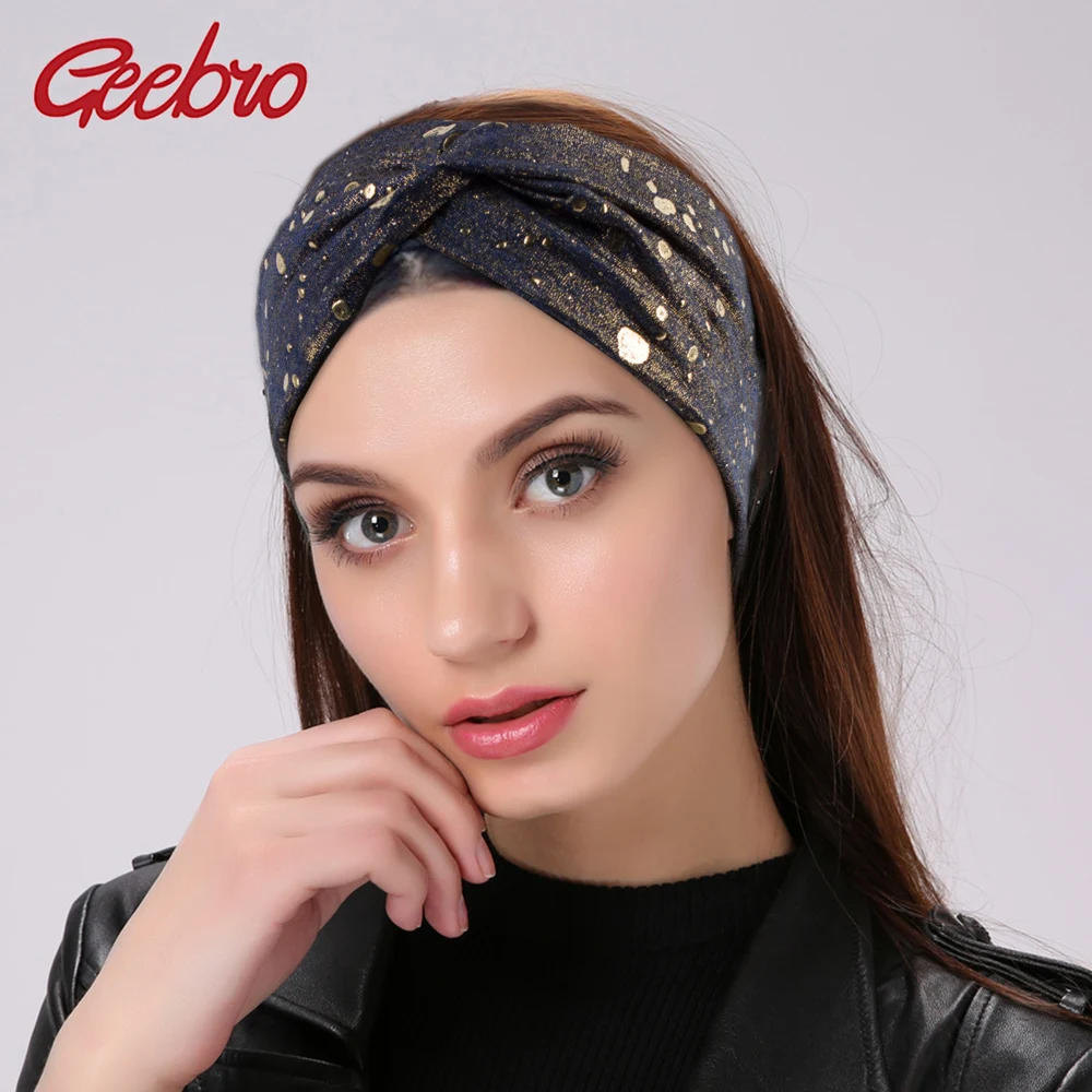 Geebro Women\'s Metallic Color Wide Elastic Headbands Fashion Cross Knotted Turban Knitted Headband for Ladies Wrap Bow Hairband