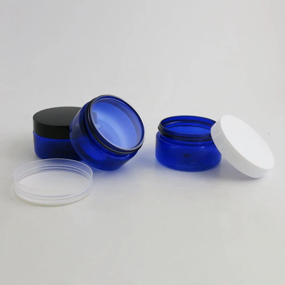 

30 x 100g Travel Empty Blue cream jar with Plastic white black clear lids and pet seal 100ml PET Jar Cosmetic Container