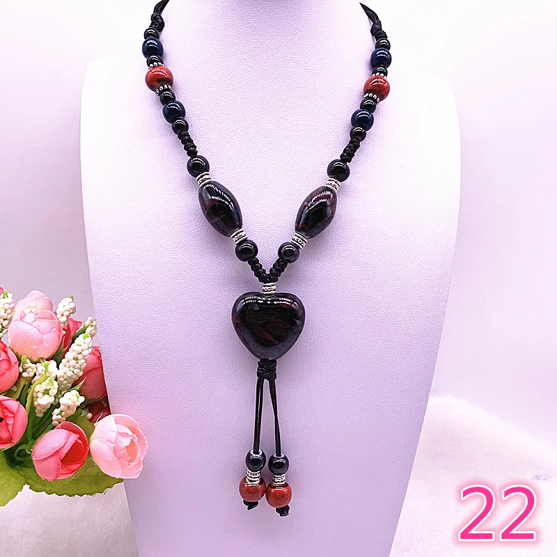 Fashion Ethnic Jewelry Traditional Handmade Ornaments Weave Wax Rope Ceramics Necklace Ceramics Beads Pendant Long Necklace #21