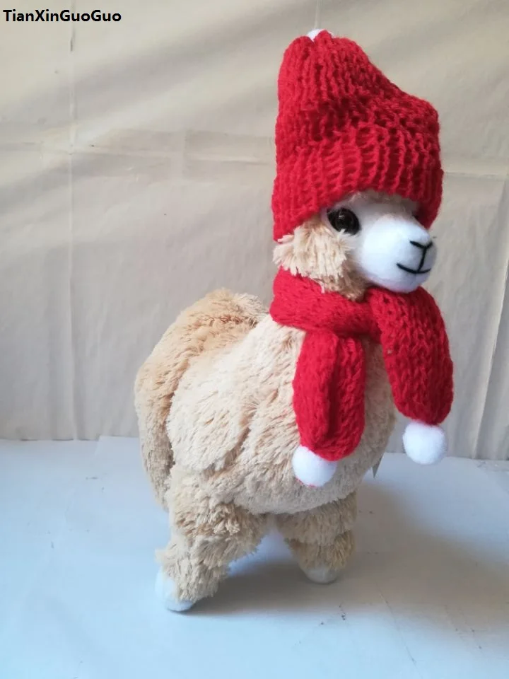 

cartoon light yellow alpaca plush toy large 28x20cm red scarf alpaca with hat soft doll children's toy Christmas gift w0130