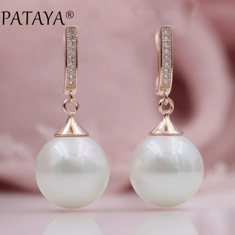 PATAYA New Trendy Multicolor Faux Shell Pearls Round Natural Zircon Long Drop Earrings Women Wedding Party Luxury Jewelry Gift