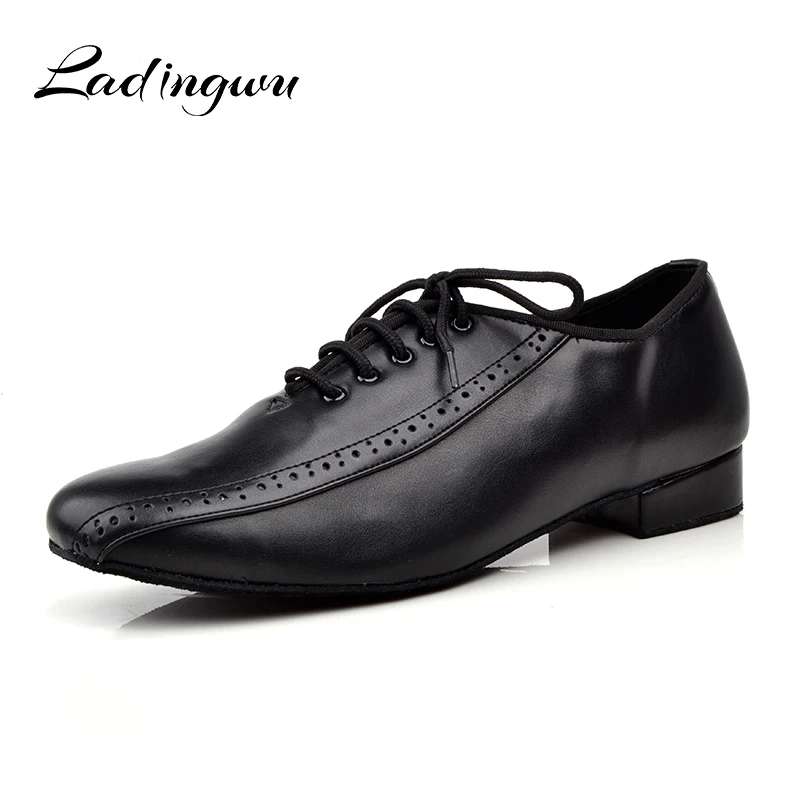 Ladingwu Men\'s Genuine Leather Dance Shoes Men Social Shoes For Ballroom dancing Soft Bottom Latin Dance Shoes Low-heeled 2.5/4c