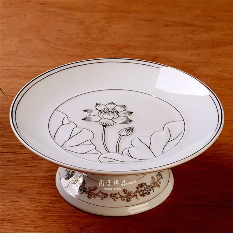 

Brand Buddhist Supplies Delicate Empaistic Outline In Gold Ceramic Whiteware Lotus Fruit Plate 7 Inch Temple Sacrificial Tray