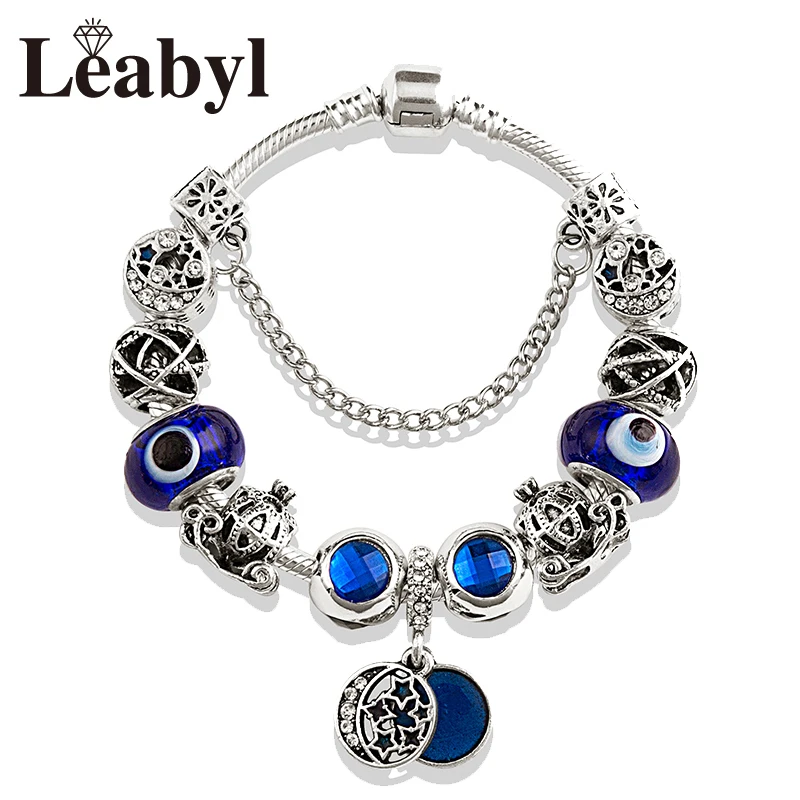 Classic Royal Blue Crystal Star Moon Beads Bracelet Dark Blue Enamel Murano Pendant Charm Bracelet & Bangle Mix Style Jewelry