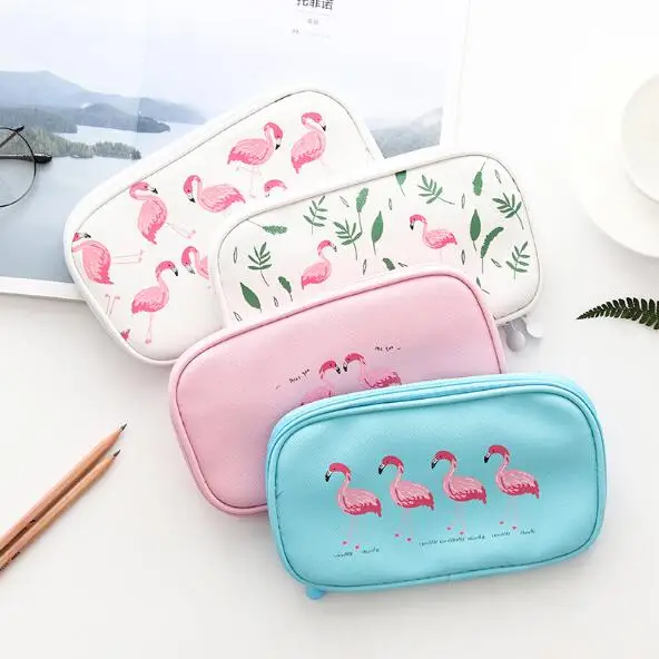 Cartoon Leather Flamingo Multifunctional Pencil Bag School Pencil Case For Student Stationery Supplies Kids Birthday Gift