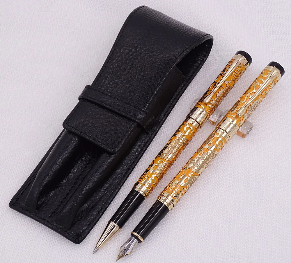 

Jinhao 5000 Orange Golden Fountain Pen & Roller Pen with Real Leather Pencil Case Bag Washed Cowhide Pen Case Holder Writing Set