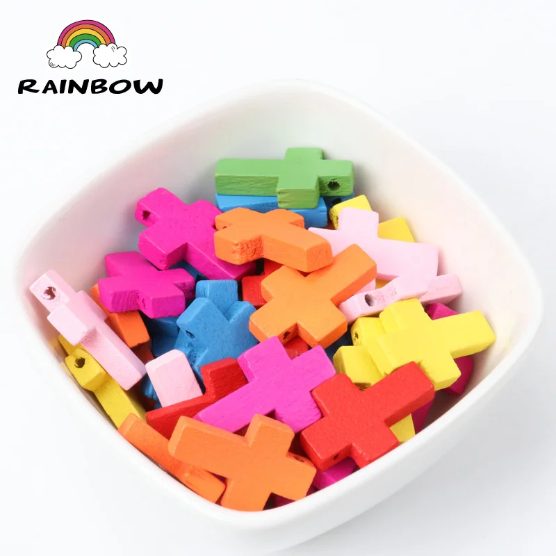 Mixed Fluorescent Colors Natural Wooden Cross Shape Spacer Beads For Jewelry Making DIY 22x15mm 50Pcs