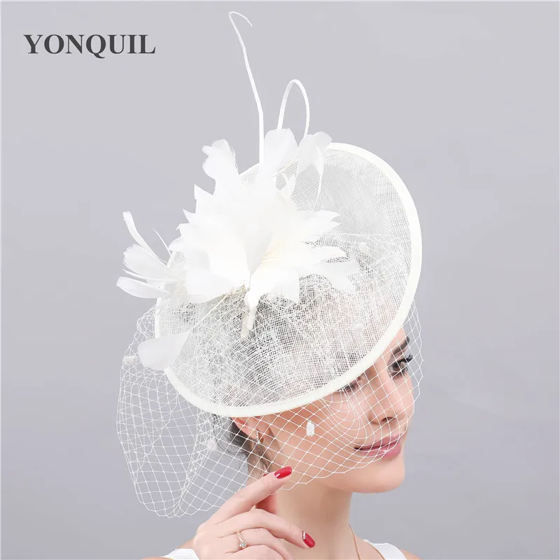 Ladies Church Derby Sinamay Chapeau Ivory Feathers Fascinators Hat Women Female Wedding Party Occasion Headwear Hair Accessory