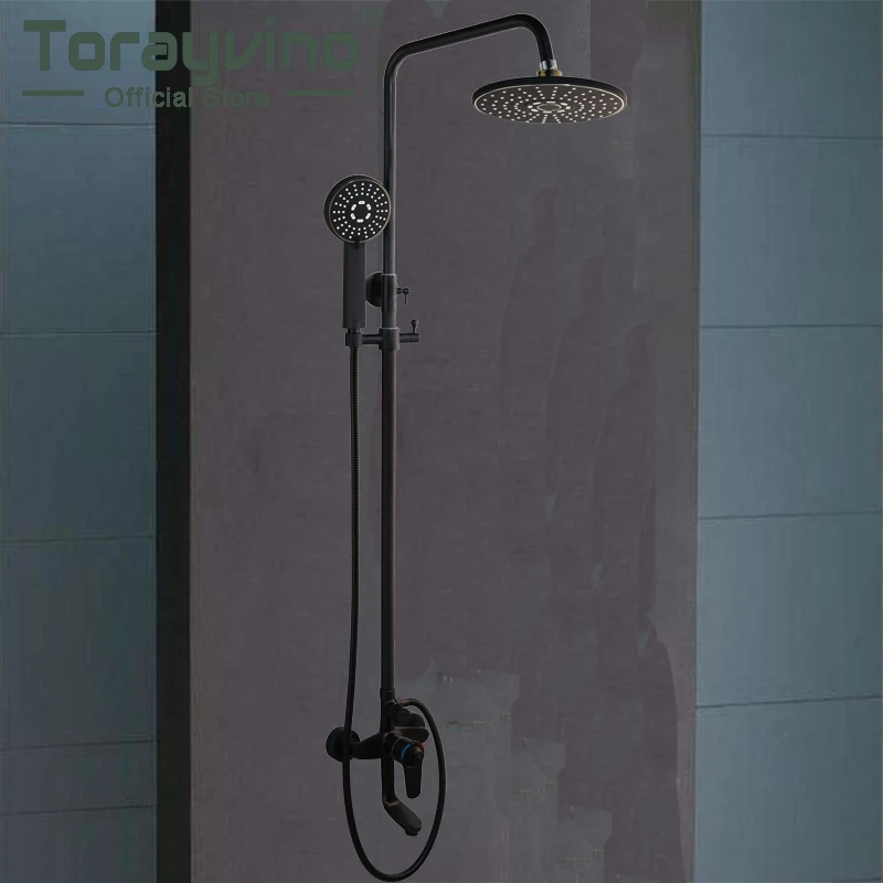 

Torayvino Bathroom Shower Faucet Set Wall-mounted Rain Shower Mixer Black Top spray+Hand spray faucet