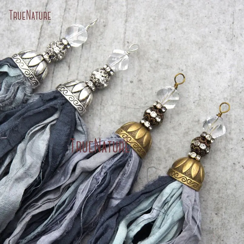 

Wholesale Gray Shades Sari Silk Tassel Pendant Elegant Necklace pendant Findings Copper Cap Beads Accent In 6.8 inch PM10556