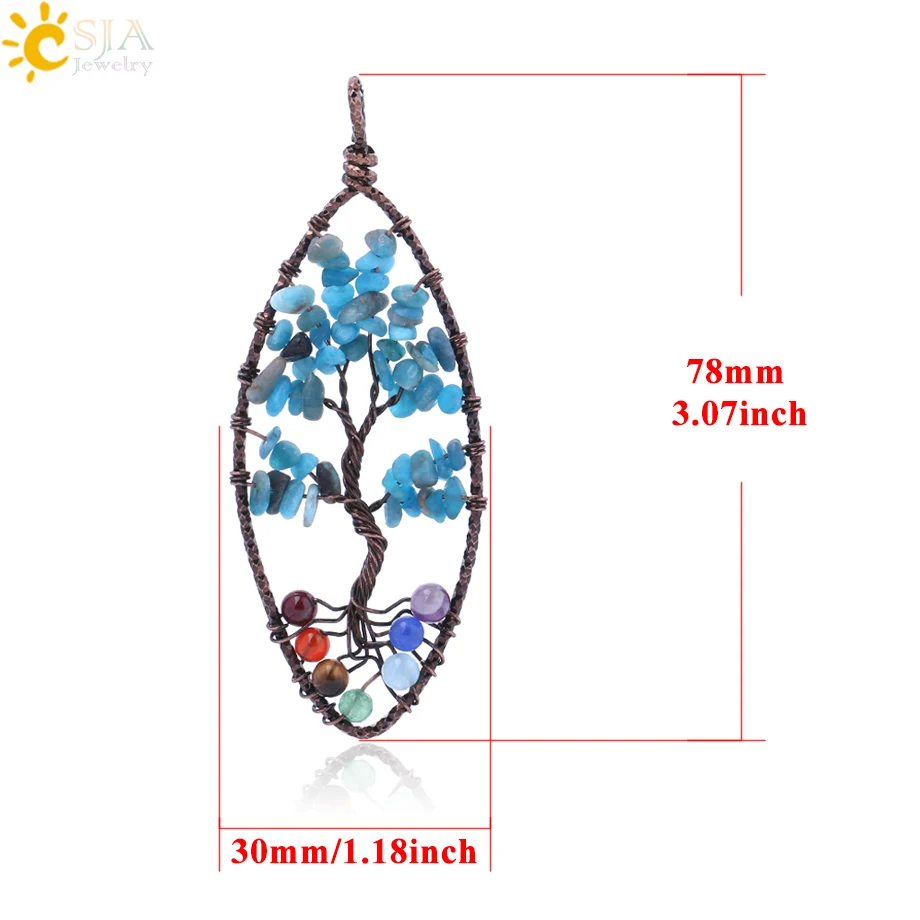 CSJA Healing 7 Chakras Tree of Life Pendants Natural kyanite Gem Stone Chip Beads Antique Silver Color Wire Wrap Jewelry F825