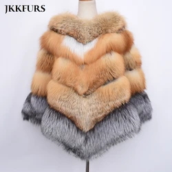 2021 New Big Genuine Fur Cape Women Thick Warm Fur Gold Real Red Fox Fur Fashion Silver Fox Shawl Luxury Style Fur Poncho S7485