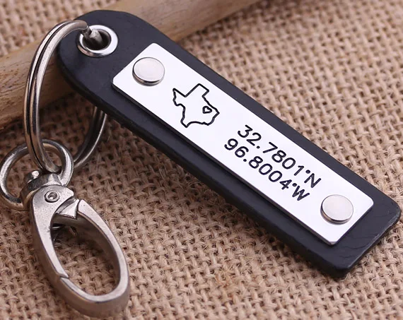 Latitude Longitude keychain - Personalized Leather Coordinates Key Chain - Texas Keychain - Map Leather Keychain