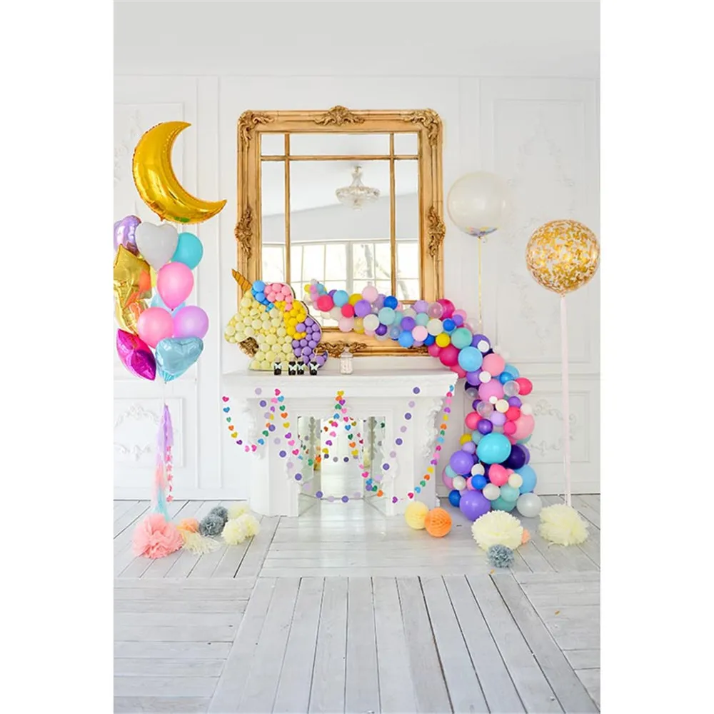 

Baby Children Photography Backdrops Birthday Printed Colorful Balloons Mirror White Wall Home Party Themed Kids Photo Background