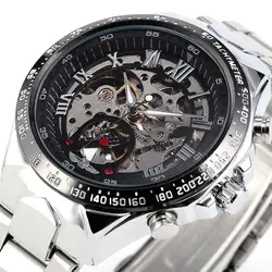 New WINNER Relojes Watches Top Branded Mens Classic Stainless Steel Self Wind Skeleton Mechanical Watch Fashion Cross Wristwatch