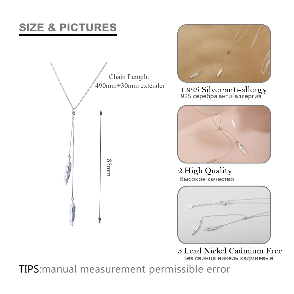 SA SILVERAGE  Fine Jewelry Silver Wedding Pendants For Women Feather Tassel Pendant Necklace Real 925 Sterling Silver Necklaces