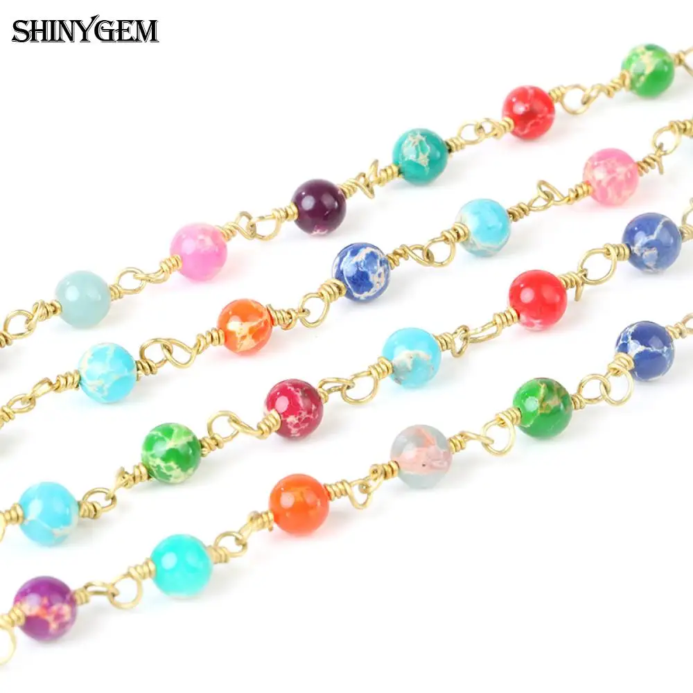 ShinyGem 6mm Round Ball Bead Chain Natural Crystal Imperial Jasper Stone Beads Gold Plated Copper Chains For DIY Jewelry Making