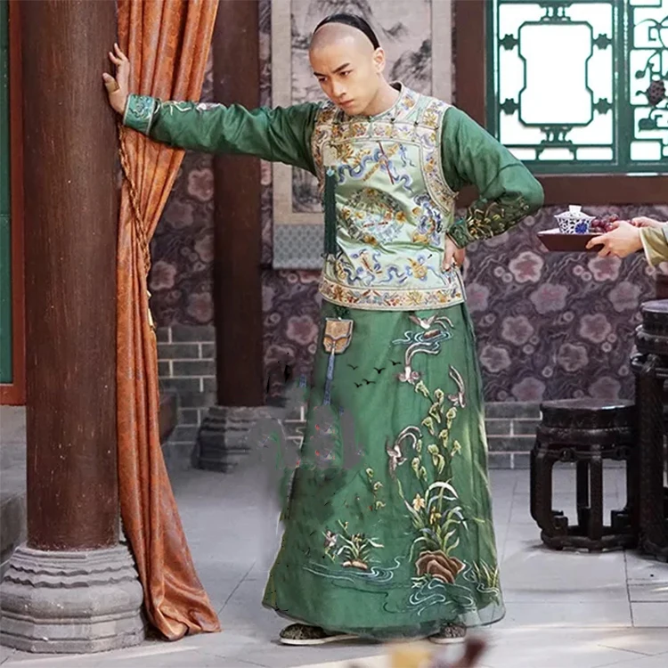 Shen XingYi Delicate Embroidery Male Costume Late Qing Dynasty Rich Men's Long Gown for Latest TV Play Nothing Gold Can Stay