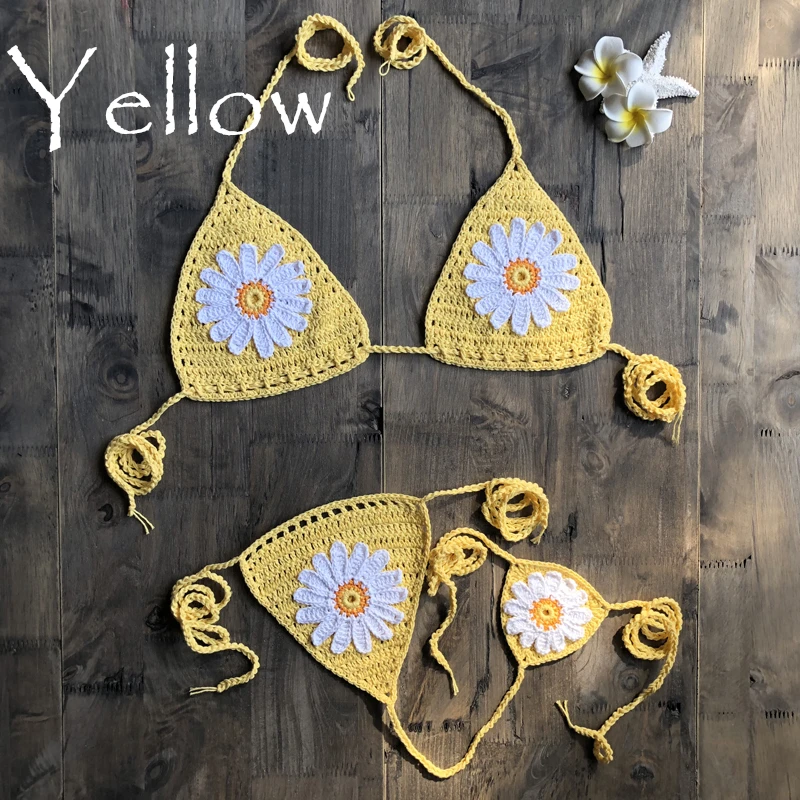 New Arrival Handmade Crochet Flower Micro Bikini G Thong String Beach Micro Swimwear Sexy Lingerie Sets 2019