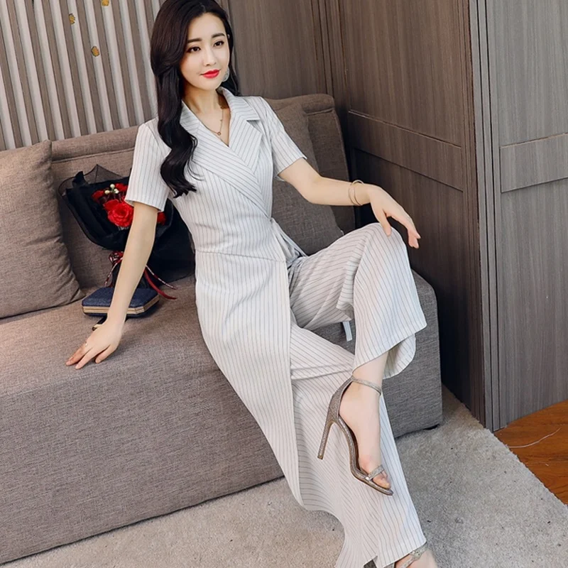 Mùa Hè Sọc Jumpsuit 2019 Nữ Tay Ngắn Quần Ống Rộng Lape Văn Phòng Kinh Doanh Nữ Thanh Lịch Liền Quần Cho Nữ 2019 DD2071