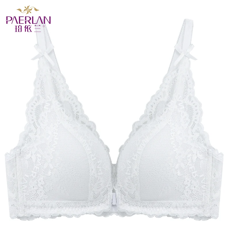 PAERLAN Sexy Push Up Thin Lace Bra Floral Bow Front Closure Seamless Wire Free  Small Breast White 1/2 Cup Women Underwear