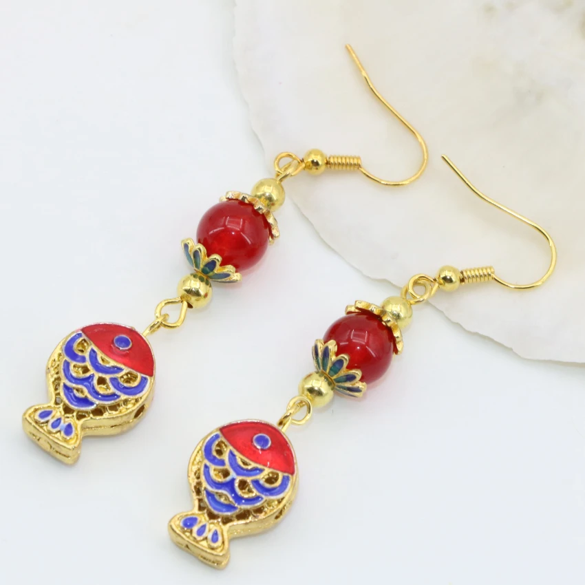 

Long dangle earrings for women European and American fashion jewelry exquisite cloisonne red jades hot selling earrings B2614