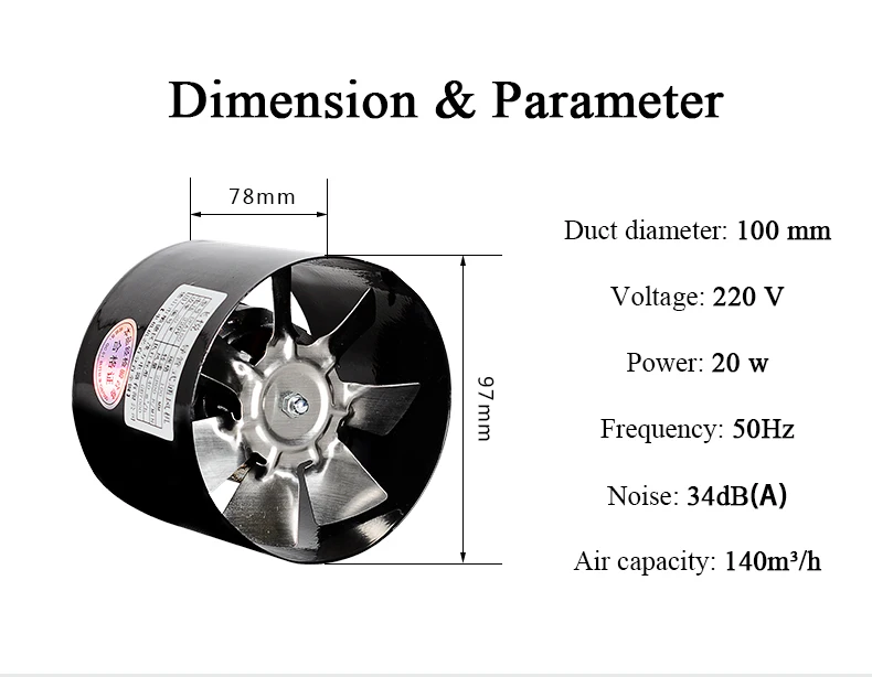 인라인 덕트 팬 배기 팬 벽 팬, 미니 추출기 공기 환풍기, 금속 파이프 환기, 욕실 팬, 4 인치, 100mm, 220V