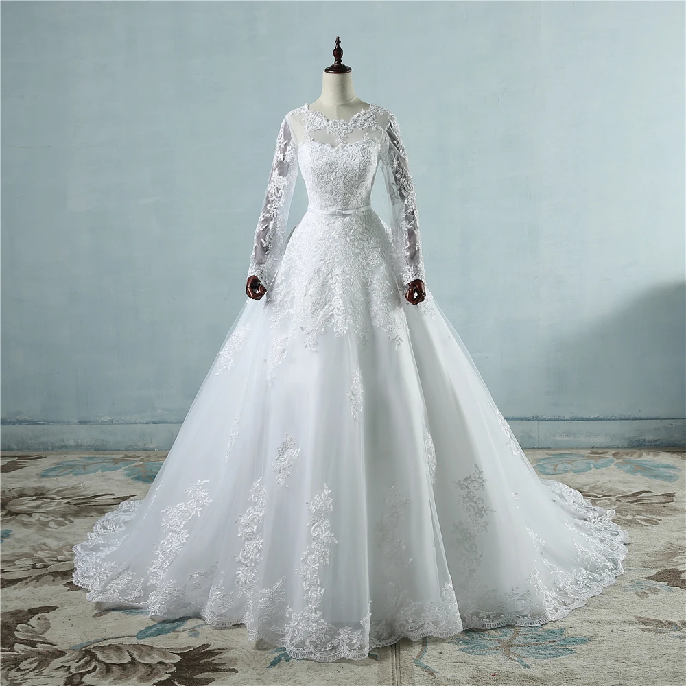 ZJ9065 Customized Corset 2025 White Wedding Dresses With Lace Edge Big Train Long Sleeves For Brides Formal Plus Size 2 26W