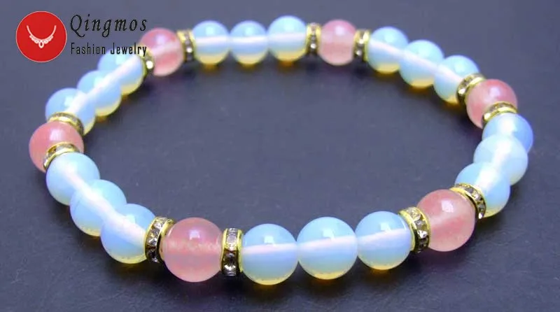 Qingmos 8mm Blue Round Opal Bracelets for Women with 8mm Round Pink Jades Beads 8'' Bracelet Fine Jewelry Armband Bra320