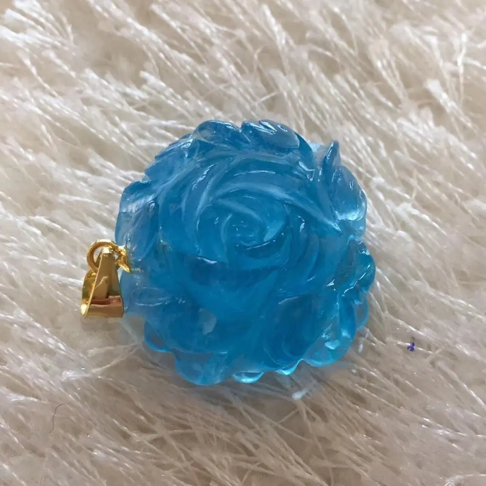 Natural Blue Aquamarine Clear Flower Pendant Women Carved 23x22x12mm Aquamarine Brazil Fashion Beads Necklace AAAAA