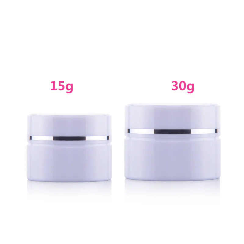 

30pcs/lot 15g 30g Glossy Smooth Double Wall High quality White Cream Container Box w/ Silver line Closure cosmetic jars for sale