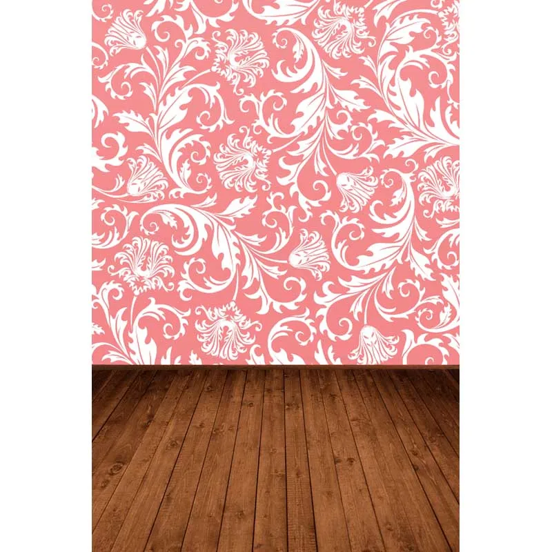 Pink Damask Wall Photography Backdrop Brown Wood Floor Printed White Flowers Leaves Patterns Newborn Baby Kids Photo Backgrounds