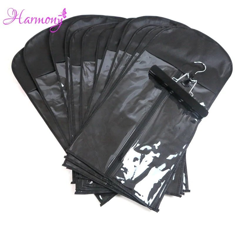 15Pcs(bag and hanger )Black Color Black zipper hanger hair extension packing suit case bags hair packaging for hair weft